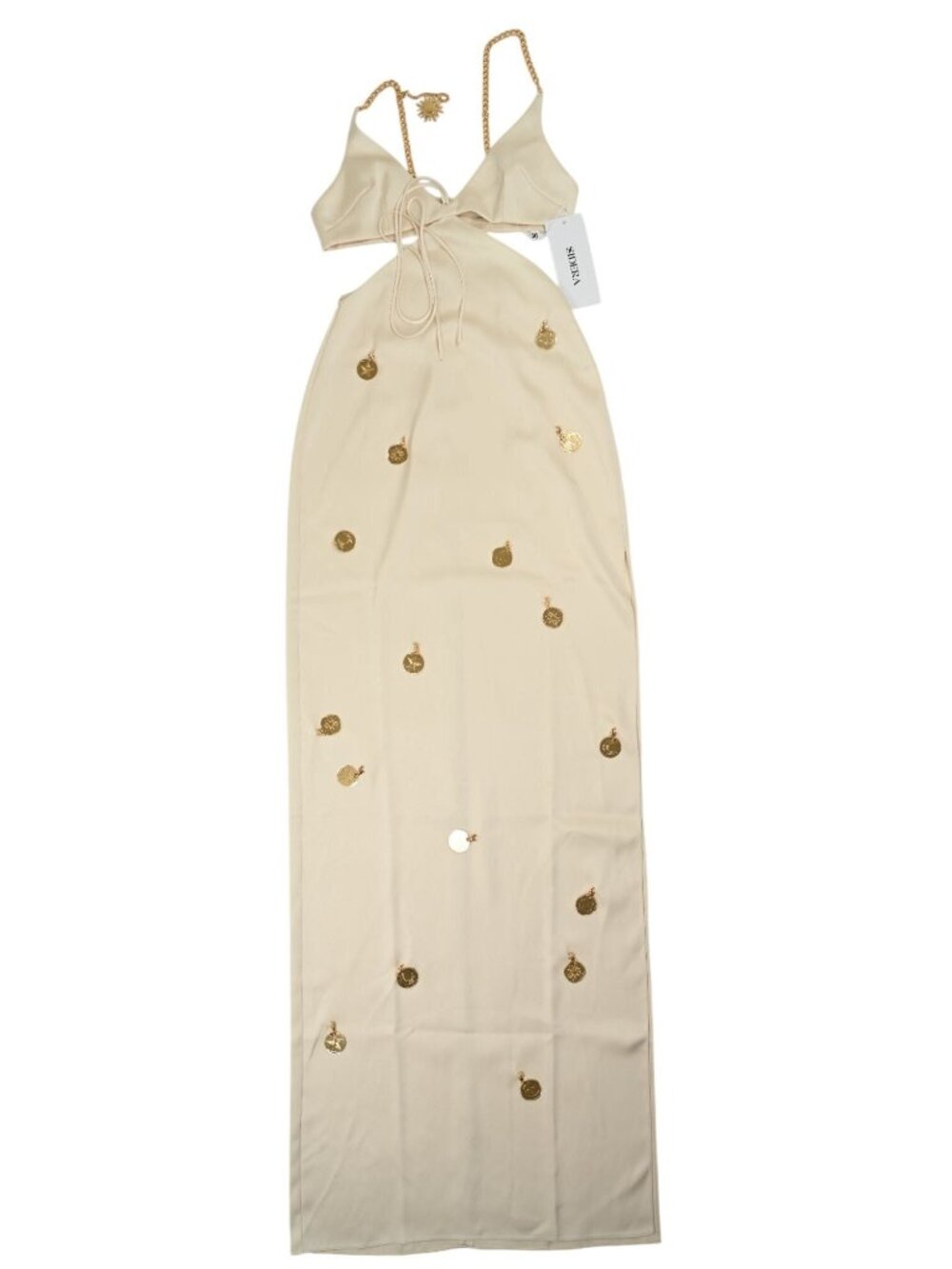 Sidera Antea Cut Out Detail Maxi Dress in Heavy Satin Off White